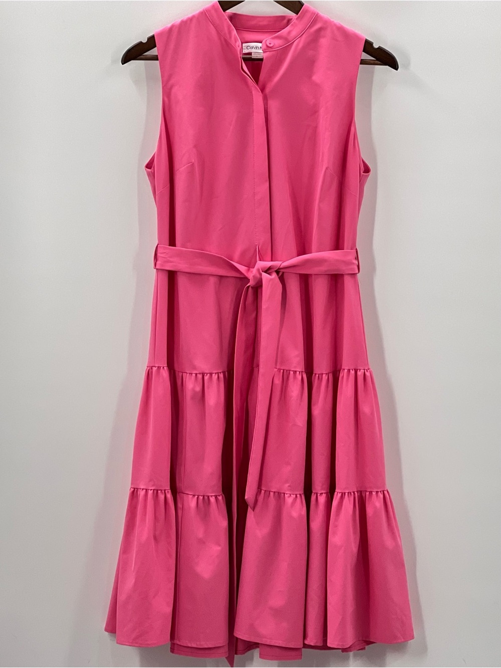 411 Calvin Klein Bright Pink Sleeveless Tiered Dress with Tie Waist